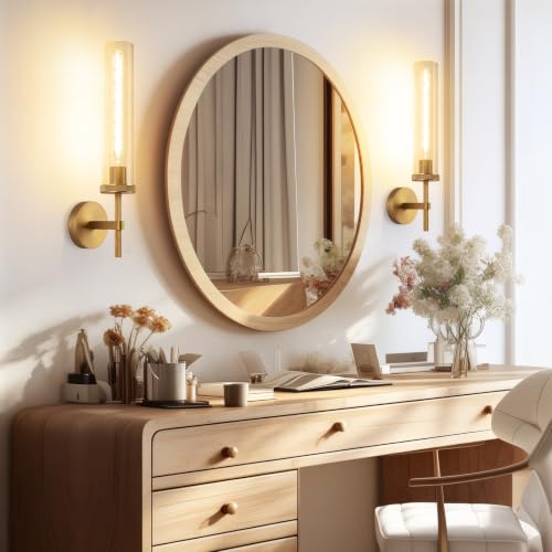 19.5-Inch Gold Knurled Wall Sconces Set of 2 with Clear Glass Tubes - Modern Bathroom Vanity & Living Room Lighting