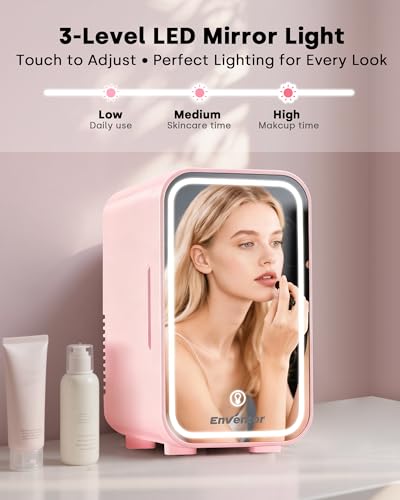 Enventor Pink 6L Mini Skincare Fridge with LED Mirror & Dual Cooling Modes