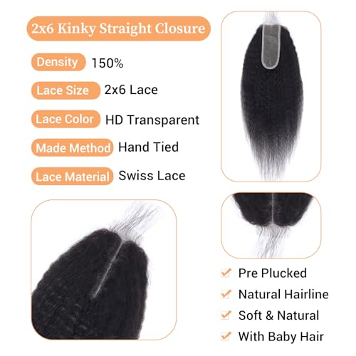 Natural Color 2x6 HD Transparent Lace Closure 12 Inch Kinky Straight Human Hair - Middle Part with Baby Hair