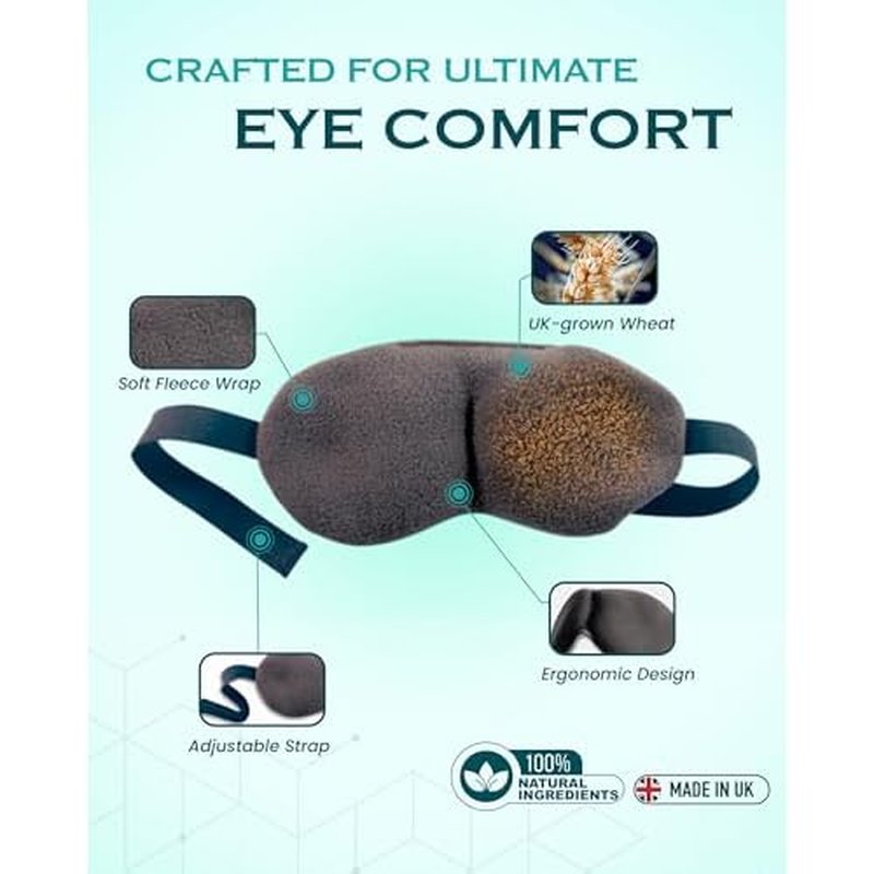Microwavable Heated Eye Mask for Dry Eyes - Warm Eye Compress with Soft Fleece, Cleaned Wheat & Elasticated Strap - Relaxing Hot Eye Compress for Headaches, Sinus, Sore Cheeks, Tension