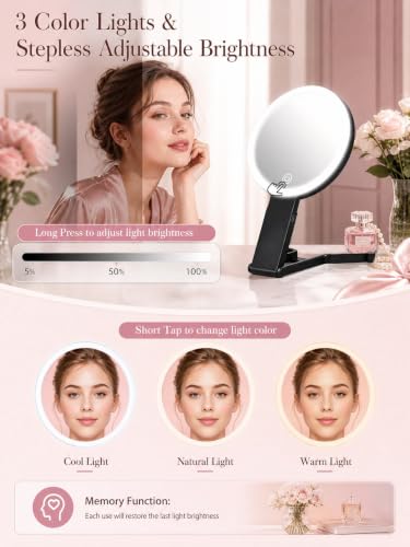Black 40X/1X Double-Sided LED Travel Makeup Mirror with Light - Jadazror