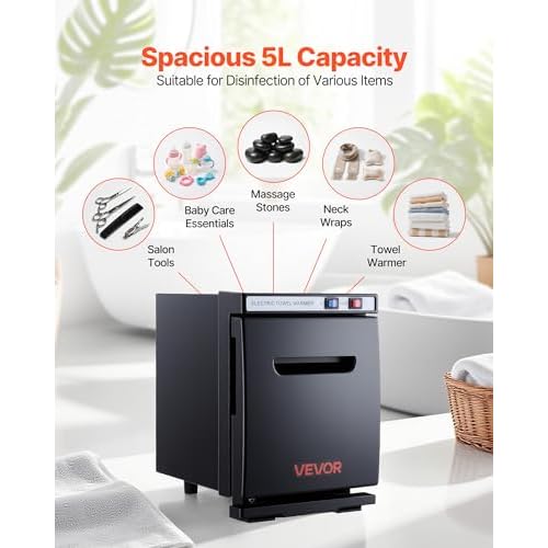 VEVOR Hot Towel Warmer, 5L Small Towel Warmer Cabinet with Clip & Stainless Steel Rack, Holds up 8-12 Towels, Portable All-Round Heating Cabinet for Spa, Barber, Manicures, Massage, Salon, Black