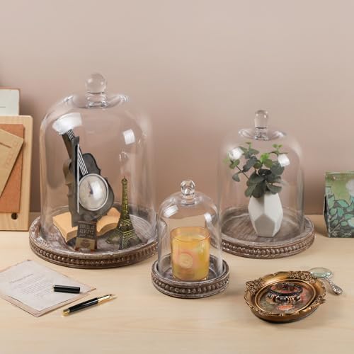 14-Inch Brown Beaded Wooden Base Glass Cloche - Farmhouse & Cottage Style Display