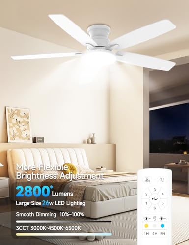Flush Mount Ceiling Fan with Light 52 Inch White Remote Dimmable LED 6-Speed