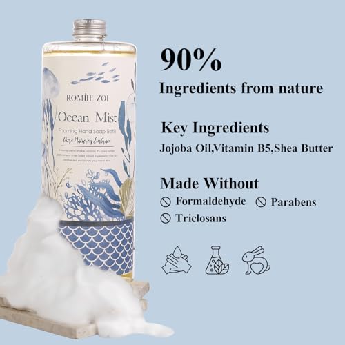 ROMIIE ZOI Hand Soap Refills, Foaming Hand Soap Natural Plant Moisturizing Handsoap Fragrance Ocean Mist - Soft Hand Wash for Kitchen & Bathroom - with Foam Soap Dispenser 1L/33.8oz Pack of 3