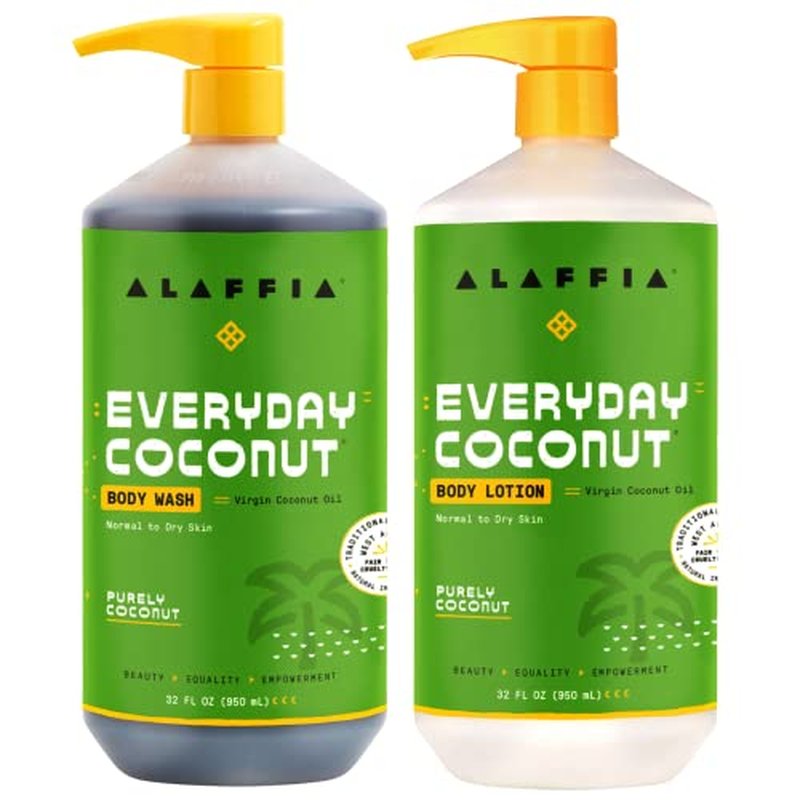 Alaffia Coconut & Coffee Berry Purely Coconut Value Set, Body Wash & Body Lotion, 32 Fl Oz Each