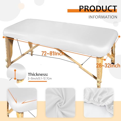Lufyzora Waterproof PU Leather Massage Table Cover 70x30 White Fitted for 6FT Spa & Lash Bed
