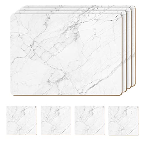 Moderry White Marble Cork Placemats Set of 4 with Free Coasters - 16 x 12 inches