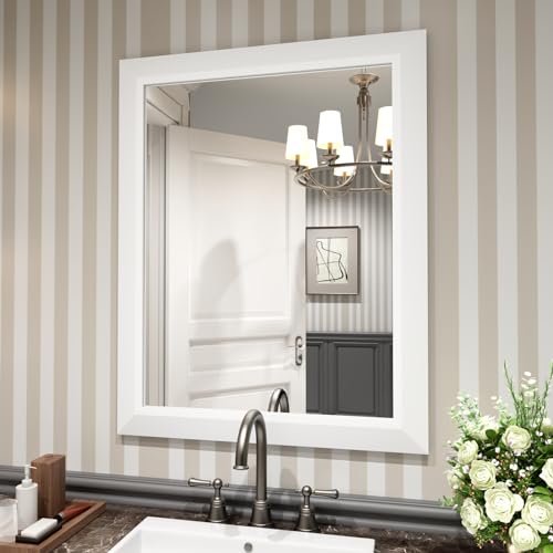 24x30 Inch Wall-Mounted Bathroom Mirror with White Metal Frame - Amorho Variation of White / 30"L x 24"W