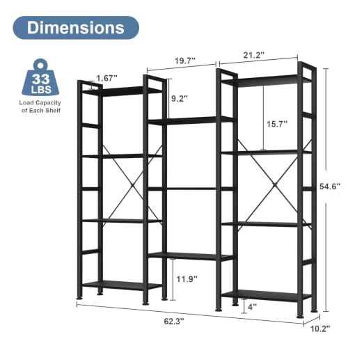 DUMOS Triple Column 4-Tier Industrial Bookshelf - Classic Black, 10.2 x 62.3 x 54.6 Inches