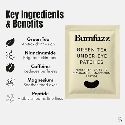 Green Tea Under-Eye Patches (12 Pairs) | Depuff & Brighten Eye Gel Patches for Dark Circles & Tired Eyes | Plant-Based, Vegan with Caffeine, Niacinamide, Magnesium & Vegetable Peptides
