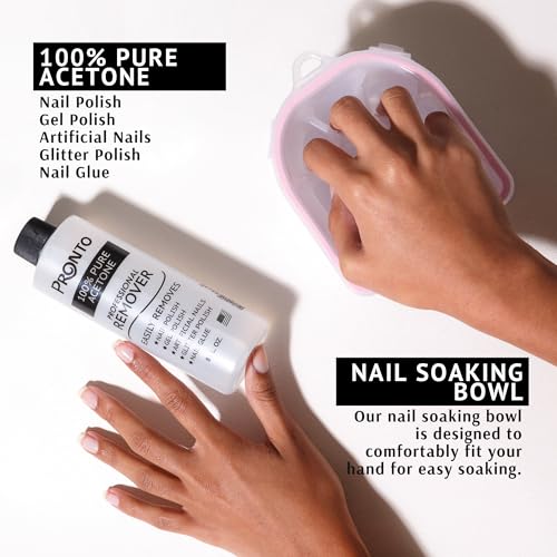 Pronto Gel Nail Polish Remover Kit ? 8 Oz Pure Acetone 100 Percent, Nail File, Nail Polish Soak Off Bowl, Cuticle Oil for Nail Care + Manicure Set with Nail Buffer Block, Cuticle Pusher & Nail scraper