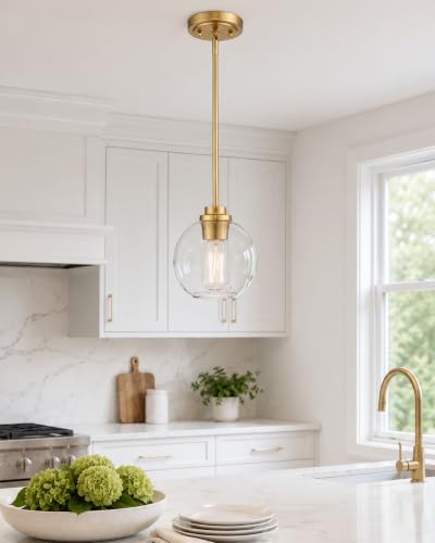 Brass Pendant Lights for Kitchen Island 2 Pack - Clear Glass Globe Shade, Gold Finish, 7 Inch, Farmhouse Style
