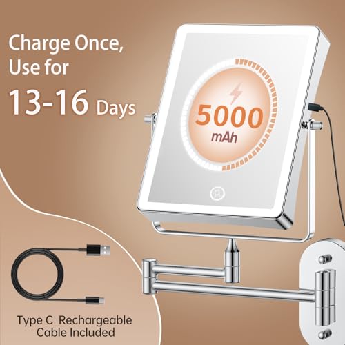 FASCINATE 5000mAh Rechargeable Wall Mounted Makeup Mirror, 8.7" Double Sided Touch Switch 1X/30X Rectangle Wall Mounted Magnifying Mirror with Light, 3 Color Setting, Extended Arm 360¡Æ Swivel Foldable