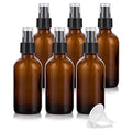 JUVITUS 4 oz Amber Glass Boston Round Bottle with Black Treatment Pump (6 pack) + Funnel