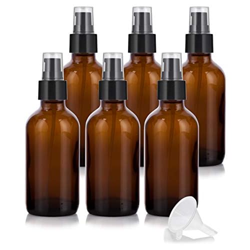 JUVITUS 4 oz Amber Glass Boston Round Bottle with Black Treatment Pump (6 pack) + Funnel