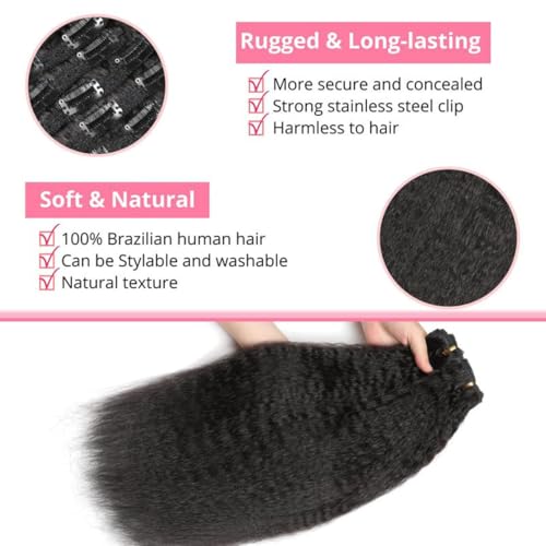 Kinky Straight Clip-In Hair Extensions 20 Inch Natural Black Human Hair - 8 Pcs