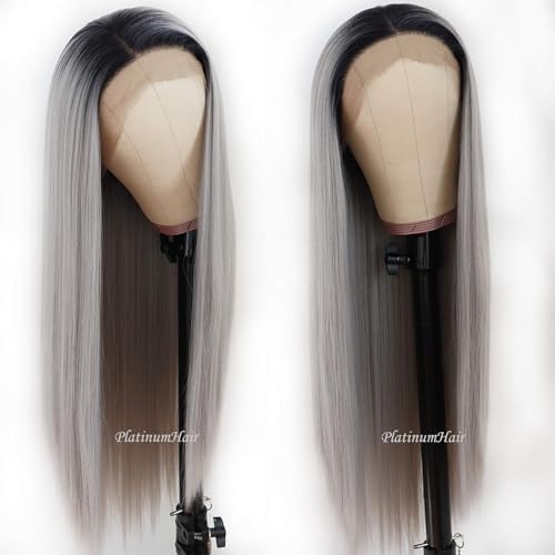 PlatinumHair Ombre Gray Lace Front Wig 24 Inch Long Straight Synthetic Heat-Resistant Fiber for Women - Pack of 1