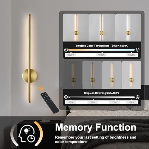 KARTOOSH Wireless Wall Sconce Set of Two, 23.6 Inch Brass Modern Battery-Operated Lighting