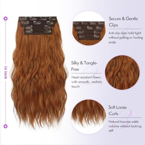 Clip-In Hair Extensions 16 Inch Curly Auburn Synthetic Hairpiece - Copper Brown Variation
