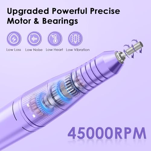 Professional Electric Nail Drill File, HUGMAPLE 45000RPM Portable E-File Machine with Bits & Base, Cordless Rechargeable Nail Drill Kit for Shaping, Removing & Polishing Gel Nails Salon Home (Purple)