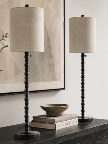 Buffet Lamps Set of 2 - 30-Inch Tall Table Lamps with Metal Bases & Linen Shades - Matte Black, UL Certified