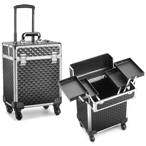 Rolling Makeup Train Case Large Cosmetic Trolley Organized Aluminum Barber Case for Hairstylist Makeup Nail Tech Salon with Keys Swivel Wheels Traveling Cart Trunk - Black