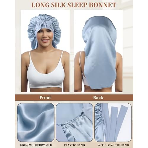 AWAYTR Long Silk Bonnet for Sleeping - 100% Mulberry Silk Bonnet for Women Long Hair Sleep Cap with Elastic Tie Band (Haze Blue)