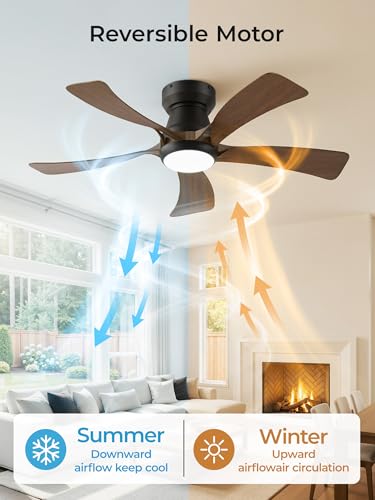 Brown 52 Inch Flush Mount Ceiling Fan with Lights, APP & Remote Control