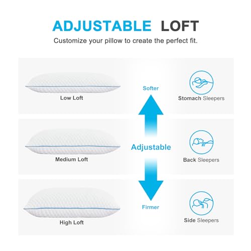King Size Shredded Memory Foam Bed Pillows Set of 4 - Adjustable Support, Cooling Cover