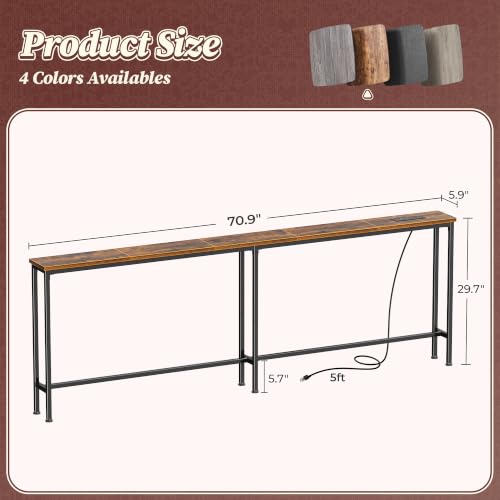 Rustic Brown 70.8 Inch Console Table with Charging Station - Narrow Sofa Table