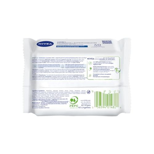 NIVEA 3-in-1 Refreshing Face Cleansing Wipes (40 Count), Normal/Combination Skin, Biodegradable, Plant-Based Fibres, Makeup Remover, Dermatologically Tested