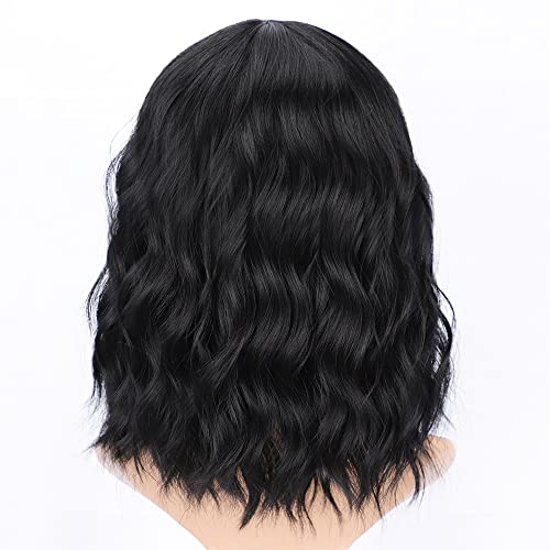 AISI HAIR Black Curly Bob Wig with Bangs, Synthetic Short Hair Extension