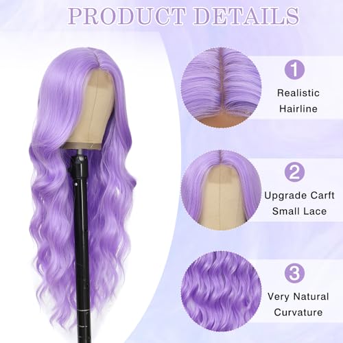 Long Purple Wavy Wig for Women 26 Inch Light Purple Middle Part Curly Wig - Angzon