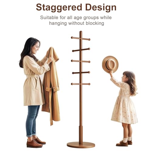 Solid Wood Coat Rack Tree with 10 Hooks, Adjustable Height Entryway Stand