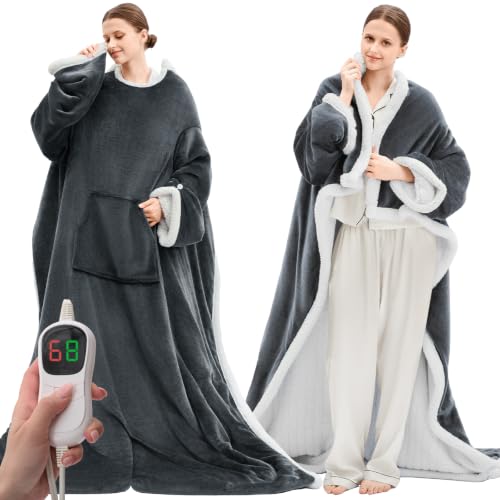 Grey 75x50 inch Wearable Heated Blanket with Foot Pockets & Sleeves