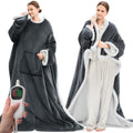 Grey 75x50 inch Wearable Heated Blanket with Foot Pockets & Sleeves