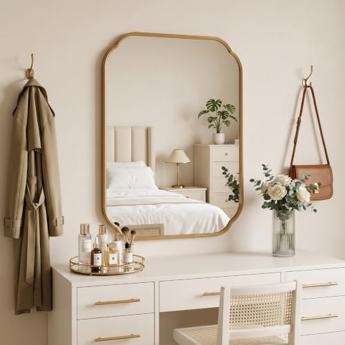 39x29 in Gold Scalloped Mirror with Rust-Proof Metal Frame for Bathroom