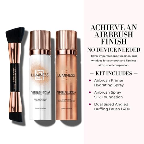 LUMINESS Complete Makeup Kit - Includes Face Palette, Airbrush Foundation, Primer and Brush - Silky, Long-Wearing, Easy to Blend, Perfect Makeup for Older Women, 4-PC Make Up Set (03 - Light Medium)