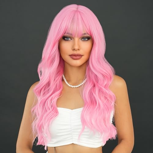 Long Wavy Pink Wig 24in Synthetic Heat-Resistant Curly Wig with Bangs for Women Girls - Light Pink, Variation of 24in / Light Pink