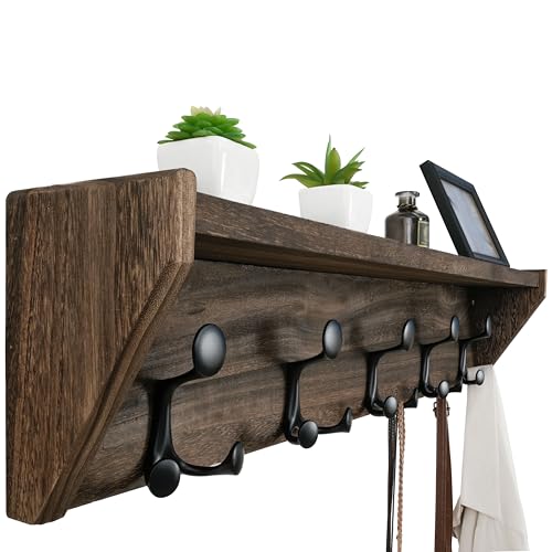 35-Inch Wall Mount Coat Rack with Shelf and Triple Hooks - Weathered Brown