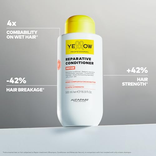 Alfaparf Milano Yellow Professional Repair Reparative Conditioner for Damaged Hair - Powered By Bond Complex & Cacao Butter - Designed For Elastic Strength (16.9 fl oz / 500ml)