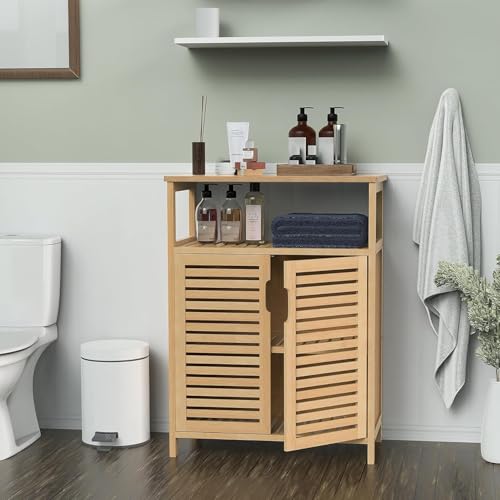 Bamboo Bathroom Storage Cabinet with 2 Doors - Freestanding Kitchen & Home Organizer