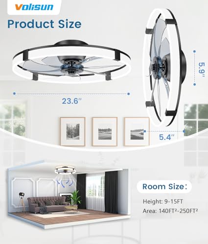 Black 23.6-inch Low Profile Ceiling Fan with Dimmable Light and Remote