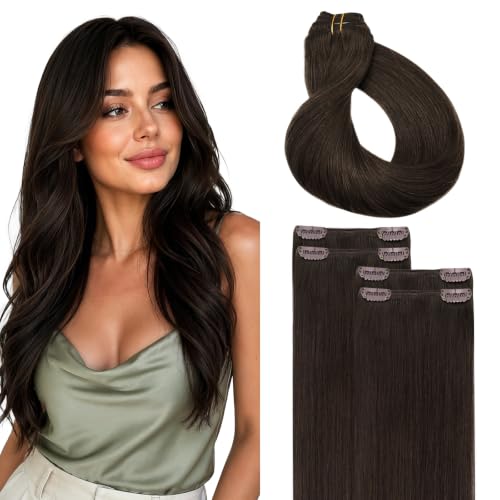 MAXITA Dark Brown Clip-In Human Hair Extensions - 18 Inch, 4 Pieces, 60g