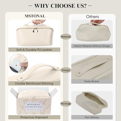 Large Travel Makeup Bag - Open Flat Cosmetic Organizer for Women - Beige, MSTONAL