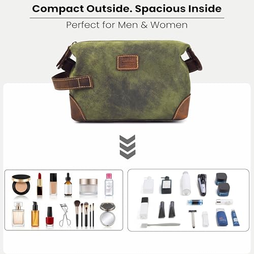 LEATHER VILLAGE Genuine Leather Dopp Kit for Men & Women ? Travel Vintage Toiletry Bag with Waterproof Lining, Shaving & Bathroom Essentials Organizer - Green
