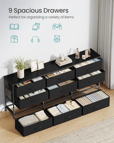 SONGMICS Dresser with 9 Fabric Drawers and TV Stand for 70-Inch TVs - Ink Black, 13.8 x 68.4 x 26.8 Inches