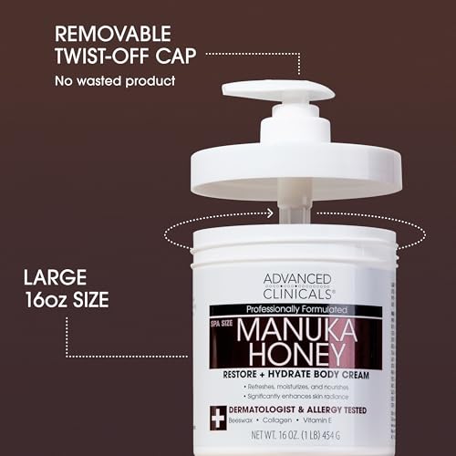Manuka Honey Body Cream with Collagen & Vitamin E - Hydrating Moisturizer for Dry Skin - 16Oz - Pack of 2