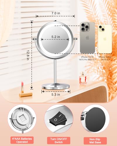 Silver 10X Magnifying LED Makeup Mirror - 7-Inch Double Sided Standing Vanity Mirror